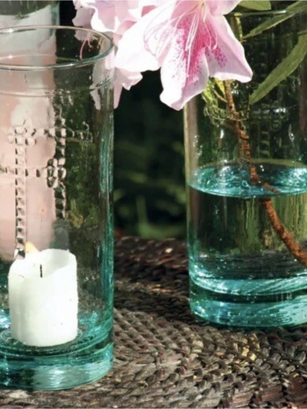 2 Kalalou Rustic Green Glass Candle Holder Vases Or Drinkware With Cross Designs